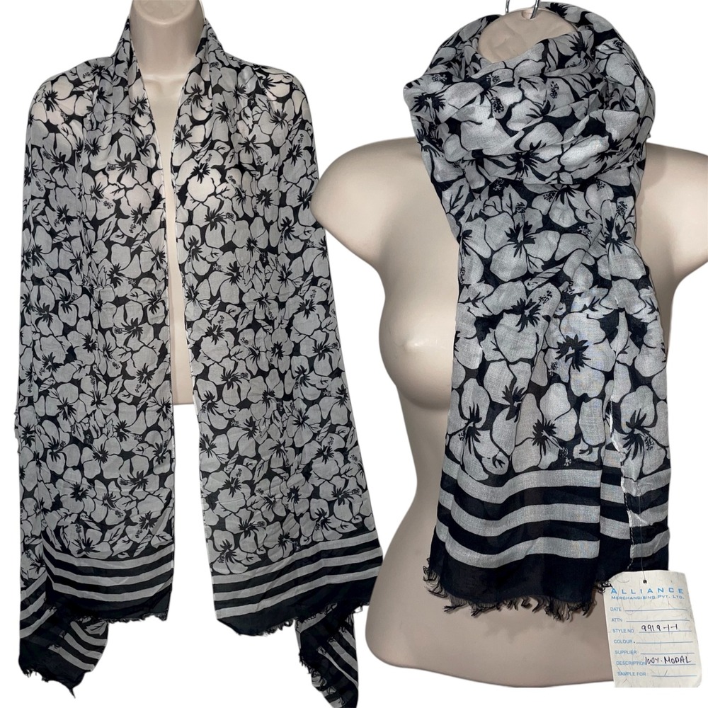ALLIANCE deep navy white hibiscus floral Scarf Wrap Shawl Modal Lightweight